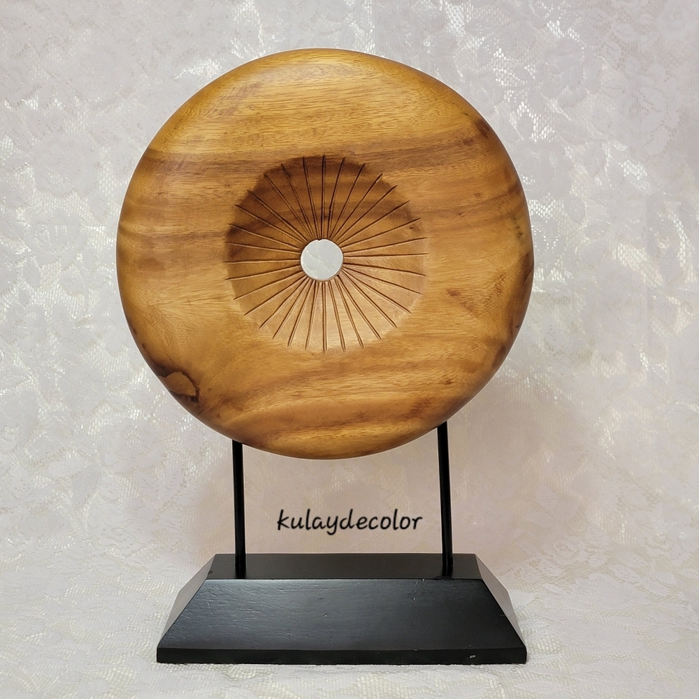 Authentic Palecek Handcrafted Wood Donut Disc Sculpture with Stand Modern Decor